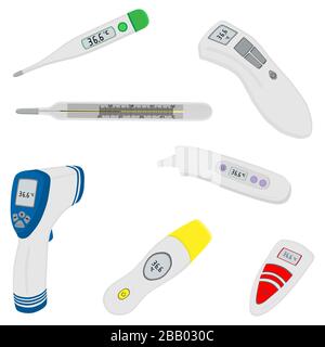 Abbildung zum Thema verschiedene Thermometertypen zur Vorbeugung von Coronavirus. Thermometer, bestehend aus med-Zubehör mit Präventionskonavi Stock Vektor