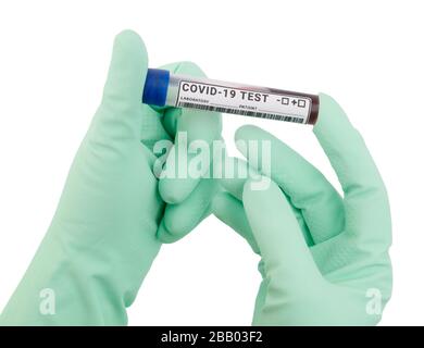 Hände in Handschuhen halten ein Reagenzglas mit einer Blutprobe für den Coronavirus-Test. Isoliert auf weißem Hintergrund. Stockfoto