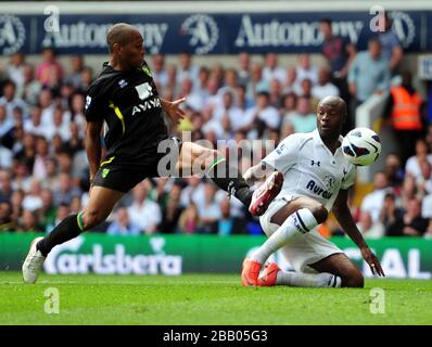 Die Simeon Jackson von Tottenham Hotspur (rechts) und William Gallas von Norwich City kämpfen um den Ball Stockfoto