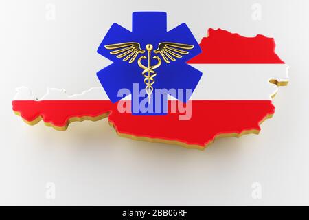 Caduceus Schild mit Schlangen auf einem medizinischen Stern. Karte von Österreich Landgrenze mit Flagge. Österreich Karte auf weißem Hintergrund. 3D-Rendering Stockfoto