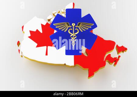 Caduceus Schild mit Schlangen auf einem medizinischen Stern. Karte von Kanada Landgrenze mit Flagge. Kanada Karte auf weißem Hintergrund. 3D-Rendering Stockfoto