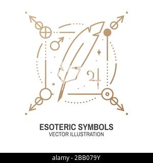 Esoterische Symbole. Vektorgrafiken. Geometrische Plakette mit dünner Linie. Gliederungssymbol für Alchemie oder heilige Geometrie. Mystisches und magisches Design mit Feder, Sternen, Planeten und Mond. Stock Vektor