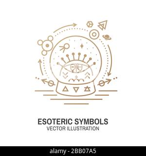 Esoterische Symbole. Vektorgrafiken. Geometrische Plakette mit dünner Linie. Gliederungssymbol für Alchemie oder heilige Geometrie. Mystisches und magisches Design mit Glaskugel und Auge. Stock Vektor