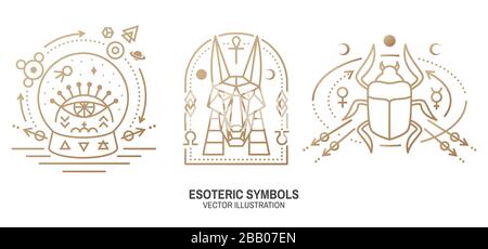 Esoterische Symbole. Vektor. Geometrische Plakette mit dünner Linie. Gliederungssymbol für Alchemie oder heilige Geometrie. Mystisches, magisches Design mit Skarabäferkäfchen, ägyptischem gott Anubis, Mond, Sonne, Glaskugel, Allsehensauge Stock Vektor