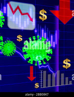 3D-Darstellung des Covid-19 oder Coronavirus zusammen mit einem abnehmenden wirtschaftlichen Diagramm des globalen Marktes mit blauem Hintergrund Stockfoto