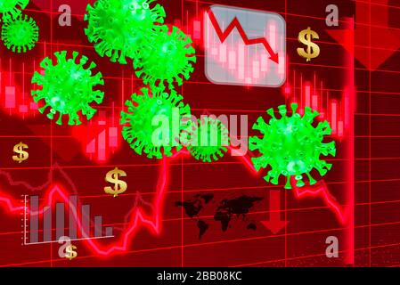3D-Darstellung des Covid-19 oder Coronavirus zusammen mit einem abnehmenden wirtschaftlichen Graphen des globalen Marktes mit rotem Hintergrund Stockfoto