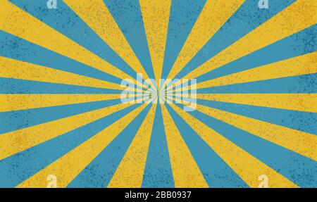 Alt, Grunge Sunburst Hintergrund. Gelbe und blaue radiale Sonnenstrahlen mit schmutziger, rauer Struktur. Stockfoto