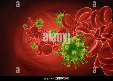 COVID-19-Viren, die sich mit roten Blutkörperchen in der Vene bewegen, als 3D-Rendering. Influenza-Hintergrund des Coronavirus. Pandemic Medical Health Risk Konzept. Stockfoto