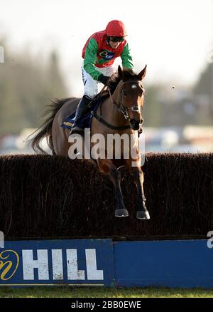 Ausweichen von Kugeln, die von Daryl Jacob geritten werden, springt den letzten, der weitergeht und den Williamhill.com Novices' Chase (registriert als "Wayward LAD Novices' Chase") während des zweiten Tages des William Hill Winter Festivals 2013 auf der Kempton Park Racecourse gewinnt Stockfoto