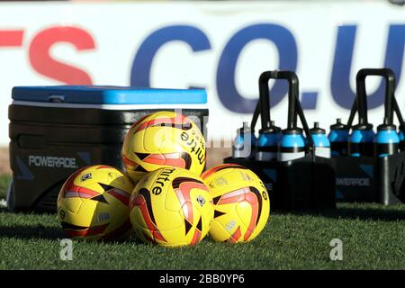 Details zu den Bällen der Winter-Miter-Spiele in Birmingham City auf dem Spielfeld vor dem Spiel Stockfoto