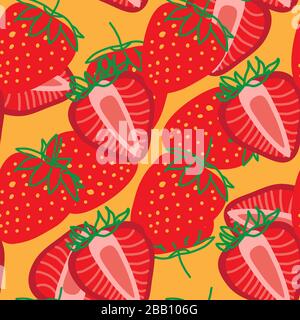 Vektor nahtloses Muster von Erdbeeren, Design farbenfrohe abstrakte Illustration. Ganze und in Scheiben geschnittene rote Erdbeerbeere auf gelbem Hintergrund für Muster Stock Vektor