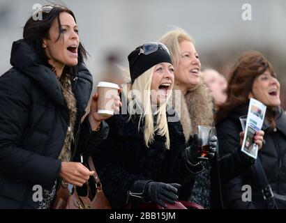 Während des Tingle Creek Christmas Festival auf der Sandown Racecourse feuern weibliche Rennbockerinnen ihre Pferde an Stockfoto