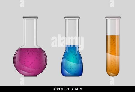 Stellen Sie realistische Laborglas auf grauem Hintergrund ein. Laborröhrchen, Becher und Kolben mit Füllfarben zum Testen auffüllen. Bestandsvektor Stock Vektor