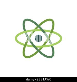 Das Atom-Symbol. Atom Symbol.isoliert auf Weiß. Flache Vektorgrafiken. Grüne Farben Atom-Zeichen in einfacher Umrandung Stock Vektor
