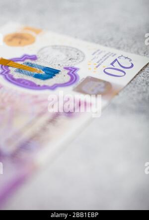 20 Pfund Banknote Nahaufnahme auf hellem Hintergrund. Makro Stockfoto