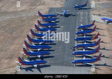 Southwest Airlines Boeing Max 737-8 wird am Freitag, 10. Januar 2020, in Victorville, Kalifornien, USA, auf dem Flughafen Southern California Logistics gelagert. (IOS/ESPA-Images) (Foto von IOS/Espa-Images) Stockfoto