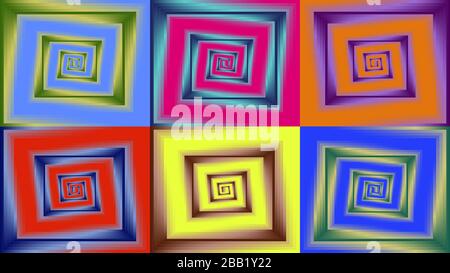 Hintergrund aus Spiralen, die mit verschiedenen hellen Gradienten erstellt wurden. Stock Vektor