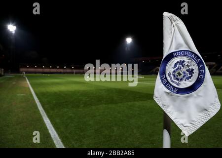 Ein allgemeiner Blick auf das Fußballstadion der Crown Oil Arena von Rochdale Stockfoto