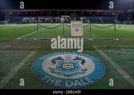 Ein allgemeiner Blick auf das Fußballstadion der Crown Oil Arena von Rochdale Stockfoto