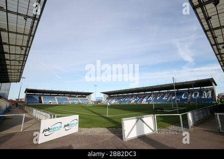 Allgemeiner Blick auf das JobServe Community Stadium vor der Sky Bet League ein Spiel gegen Coventry City. Stockfoto