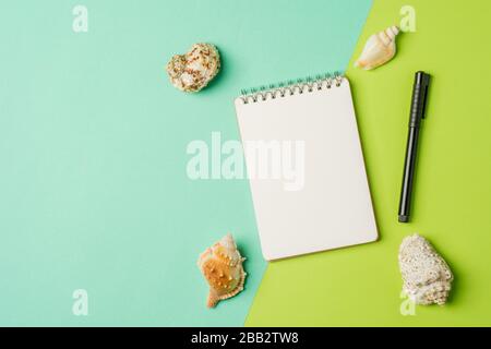 Meeresschalen mit leerem Notizbuch auf grünem Hintergrund. Flacher Laienhintergrund. Stockfoto