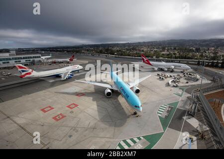 Am Freitag, 27. September 2019 werden eine British Airways 747, eine koreanische Air Boeing 777-3B5er und Qantas 747 auf dem San Francisco International Airport (SFO) in San Francisco, USA, gesehen. (Foto von IOS/Espa-Images) Stockfoto