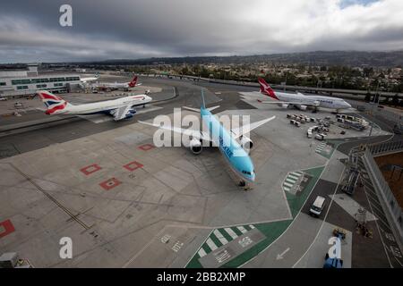 Am Freitag, 27. September 2019 werden eine British Airways 747, eine koreanische Air Boeing 777-3B5er und Qantas 747 auf dem San Francisco International Airport (SFO) in San Francisco, USA, gesehen. (Foto von IOS/Espa-Images) Stockfoto