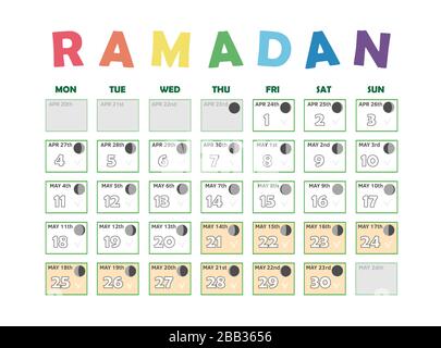 Ramadan Kalender 2020. Fastenkalender, Mondzyklusphasen, Neumond. 30 Tage des islamischen Heiligen Monats Ramadan. Vektorgrafik-Abbildung Stock Vektor