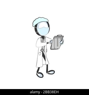 Arzt trägt Gesichtsmaske. Medizinischer Gesichtsschutz. Arzt oder Krankenschwester im Krankenhaus. Gesundheitsbehandlung. Hand gezogen. Stickiger Zeichentrickfilm. Doodle Stock Vektor
