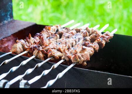 Grillspezialitäten mit gegrilltem Fleisch und Zwiebeln auf dem Grill. Stockfoto