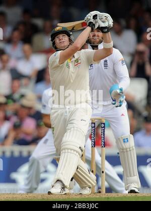 Der australische Steven Smith trifft sechs, um seinen 100. Lauf am zweiten Tag des Fifth Investec Ashes Test Matches im Kia Oval, London, zu erzielen. Stockfoto