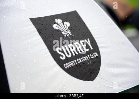 Detail des Regens auf einem Surrey CCC Regenschirm Stockfoto