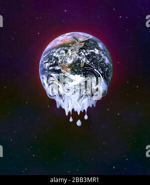 Globale Erwärmung aus dem All! Ein digitales Bild der Erderwärmung des Planeten und der Eisschmelze in der Antarktis. Stockfoto
