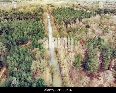 Luftdrone schoss, von einem Wald mit Fluss oder Kanal, der im frühen Frühjahr durchläuft. Ort: Antankgracht Kapellen. Kreative Bearbeitung. Stockfoto