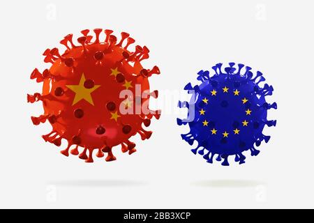 Modell des COVID-19-Coronavirus, das in China und den EU-Flaggen, dem Konzept der Pandemie-Verbreitung, der Medizin und der Gesundheitsversorgung, eingefärbt ist. Weltweite Epidemie mit Wachstum, Quarantäne und Isolierung, Schutz. Stockfoto