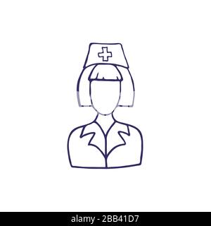 Schwarzes, handgezeichnetes Symbol für das Gesicht der Krankenschwester, mit Hut und Kreuz, isoliert auf weißem Hintergrund. Medizinisches Symbol. Vektorgrafiken von Doodle. Stock Vektor