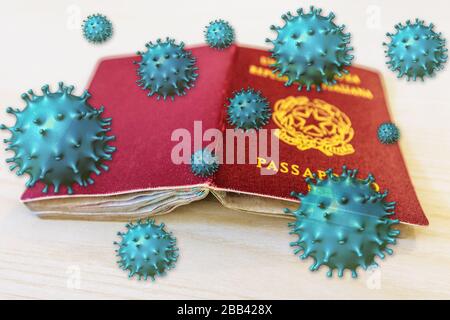 Grenzkontrolle und Quarantäne von Touristen, die mit Coronavirus infiziert sind. Covid-19, weltweites Pandemie- und Reisekonzept. Europäischer Reisepass isoliert mit Stockfoto