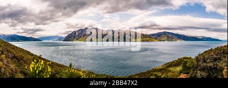 Panoramablick über den Lake Hawea, Otago, Neuseeland Stockfoto