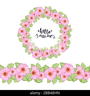 Handgezeichnete bunte Hunde-Rose-Blumen Rundkranz und nahtlose Bürste. Zierrahmen mit Blumendesign, botanische Designelemente. Isoliert auf weiß Stock Vektor