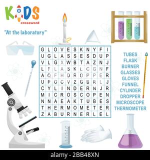 Einfaches Kreuzworträtsel für die Wortsuche "im Labor", für Kinder in der Grund- und Mittelschule. Spaß beim Üben von Sprachverständlichkeit und z. B. Stock Vektor