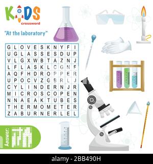 Einfaches Kreuzworträtsel für die Wortsuche "im Labor", für Kinder in der Grund- und Mittelschule. Spaß beim Üben von Sprachverständlichkeit und z. B. Stock Vektor