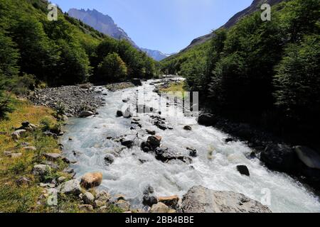 Das Flusstal des Rio Ascencio, der Nationalpark Torres de Paine, die Region Magallanes, Patagonien, Chile, Südamerika Stockfoto