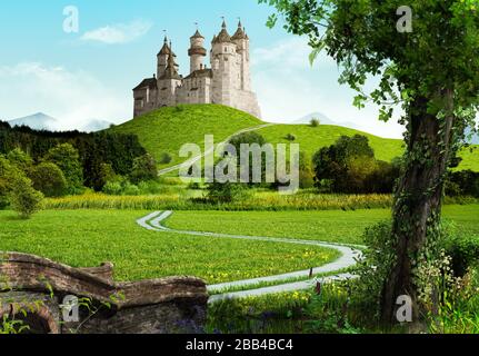 Bezauberndes altes Märchenschloss auf einem Hügel, in einer idyllischen Landschaft, 3D-Rendering. Stockfoto