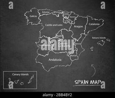 Spanien MAP administrative Aufteilung, Trennung von Regionen und Namen, Design Card Blackboard Chalkboard Vektor Stock Vektor