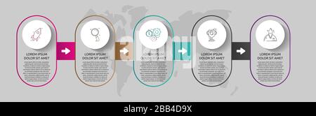 Infografiken des Kreises der Vektorvorlage. Geschäftskonzept mit 5 Optionen und Pfeilen. Fünf Schritte für Diagramm, Diagramme und Diashow. Pfad für Schritt Stock Vektor