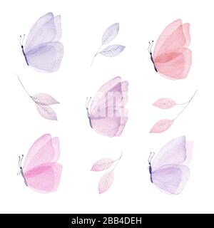 Set mit Aquarellillustrationen mit Schmetterling und Blatt. Handbemaltes Clipart in Pastellfarbe. Stockfoto