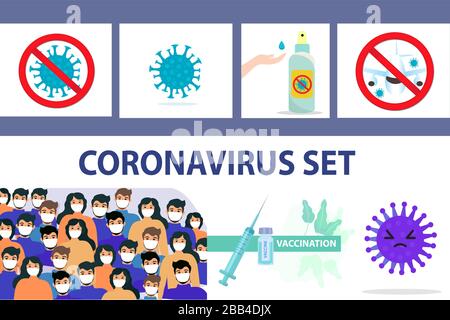 Coronavirus Infografiken Set, Symbole flacher Stil. COVID-19 Handdesinfektionshandbehandlung, Stopp-Viruszeichen, maskierte Personen, Impfung. Vektor Stock Vektor