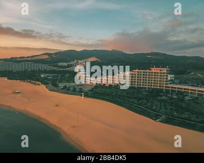 QUY NHON/VIETNAM, APR 2019 - Top View from Drohne of FLC Quy Nhon a 5 Star Luxury Hotel in Nhon Ly Coastal Province of Binh Dinh, Central of Vietnam Stockfoto