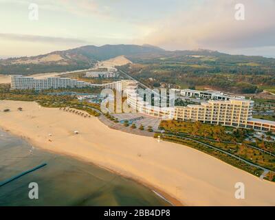 QUY NHON/VIETNAM, APR 2019 - Top View from Drohne of FLC Quy Nhon a 5 Star Luxury Hotel in Nhon Ly Coastal Province of Binh Dinh, Central of Vietnam Stockfoto