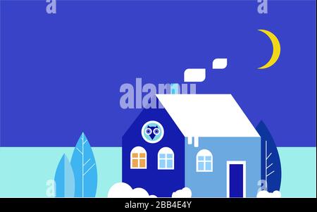 Winterlandschaft mit Schneehaus, Bäumen und gelbem Mond. Klassisches Blau - Trendfarben. Vektor, Abbildung. Stock Vektor